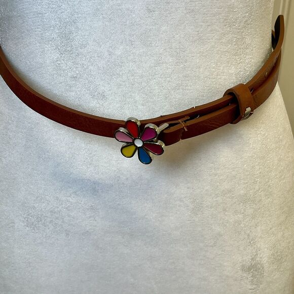 BOHO FAUX LEATHER SKINNY BELT COLORFUL ENAMEL FLOWER BUCKLE. 60's Hippie Vibe - Picture 2 of 6